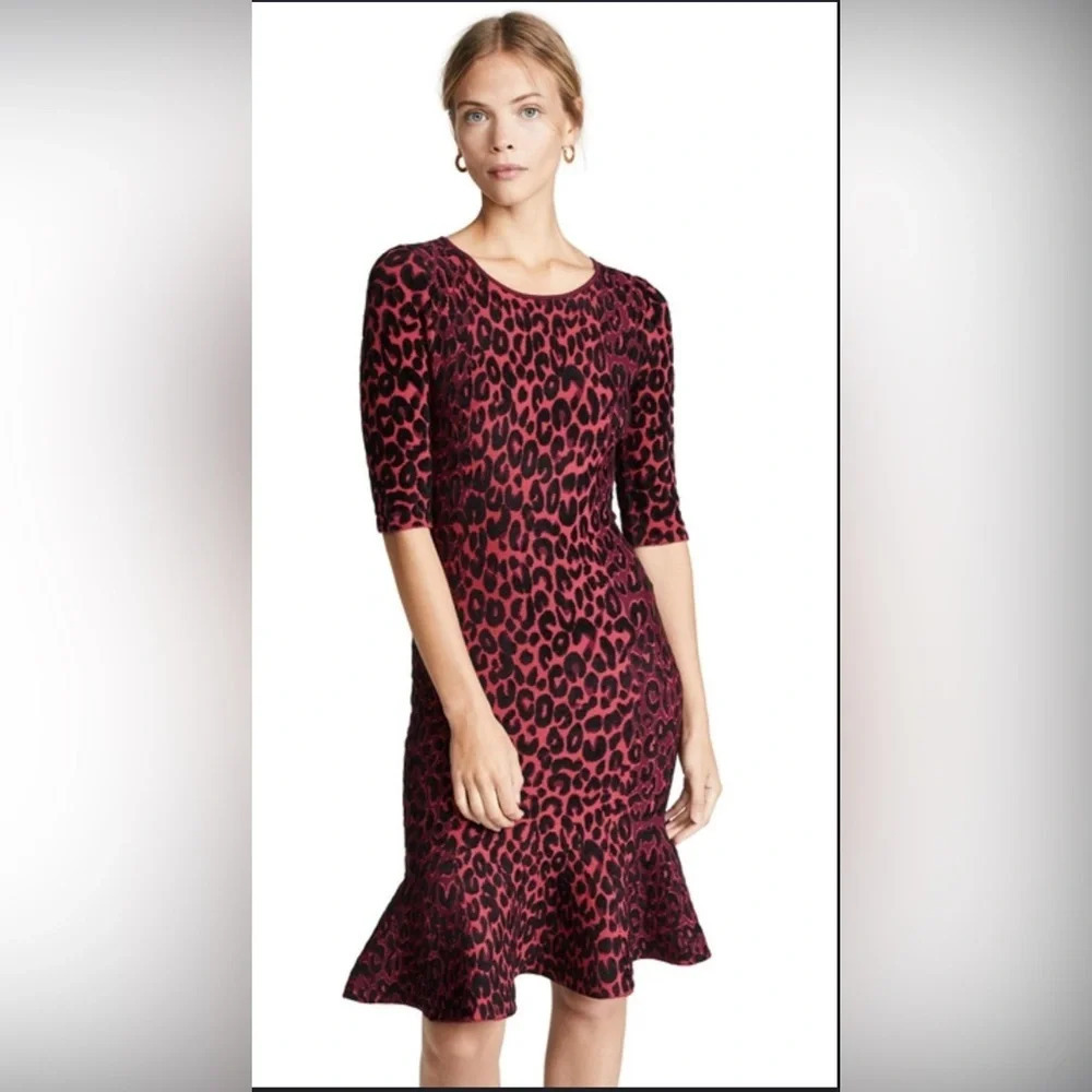 Milly Dress Womens M Red Black Textured Cheetah Print Mermaid Flounce Sexy